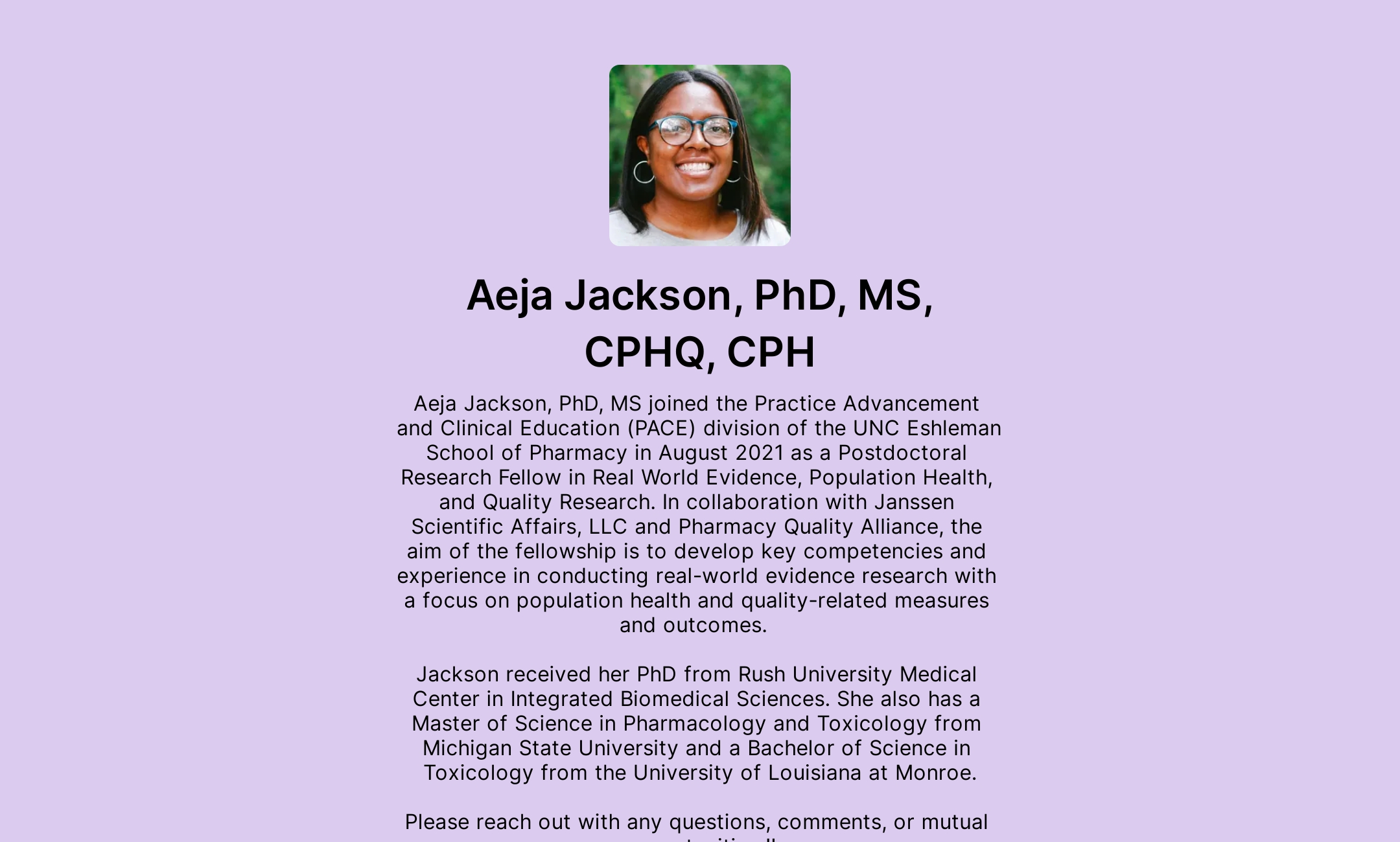 Aeja Jackson, PhD, MS, CPHQ, CPH's Flowpage